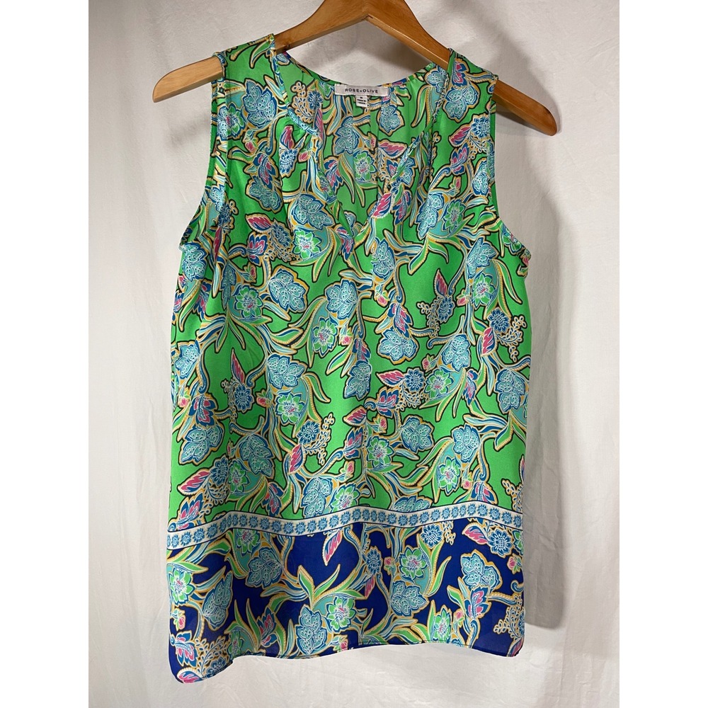 Rose + Olive Green Blue Floral Paisley Sleeveless Blouse Split V-Neck Top Medium
